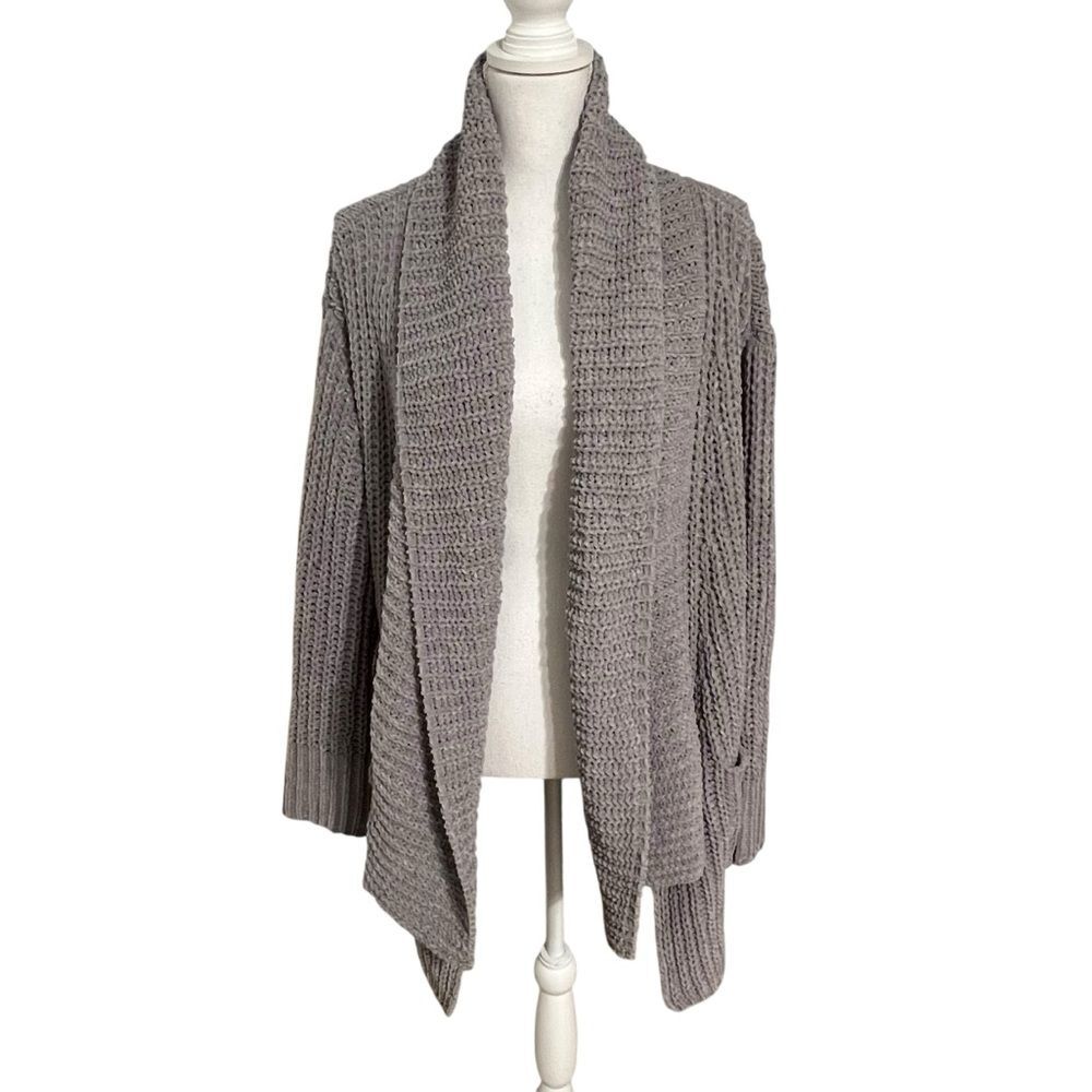POL Chunky Chenille Knit Cardigan Grey Sz LARGE Oversized Crochet Cabincore Cozy